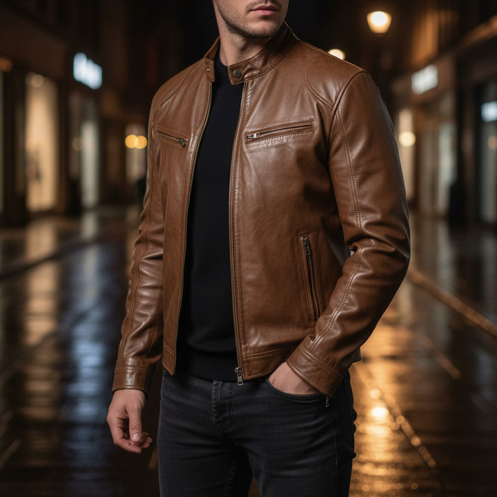 Slim fit leather-look jacket, front styled view