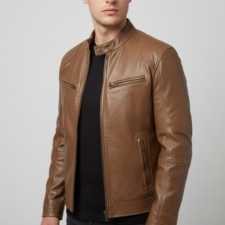Slim fit leather-look jacket shown in brown