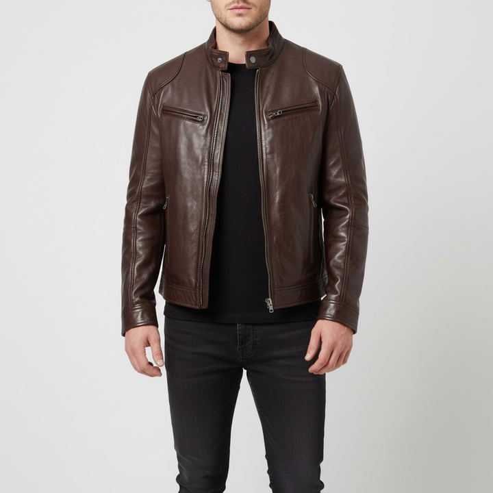 Slim fit leather-look jacket shown in dark brown