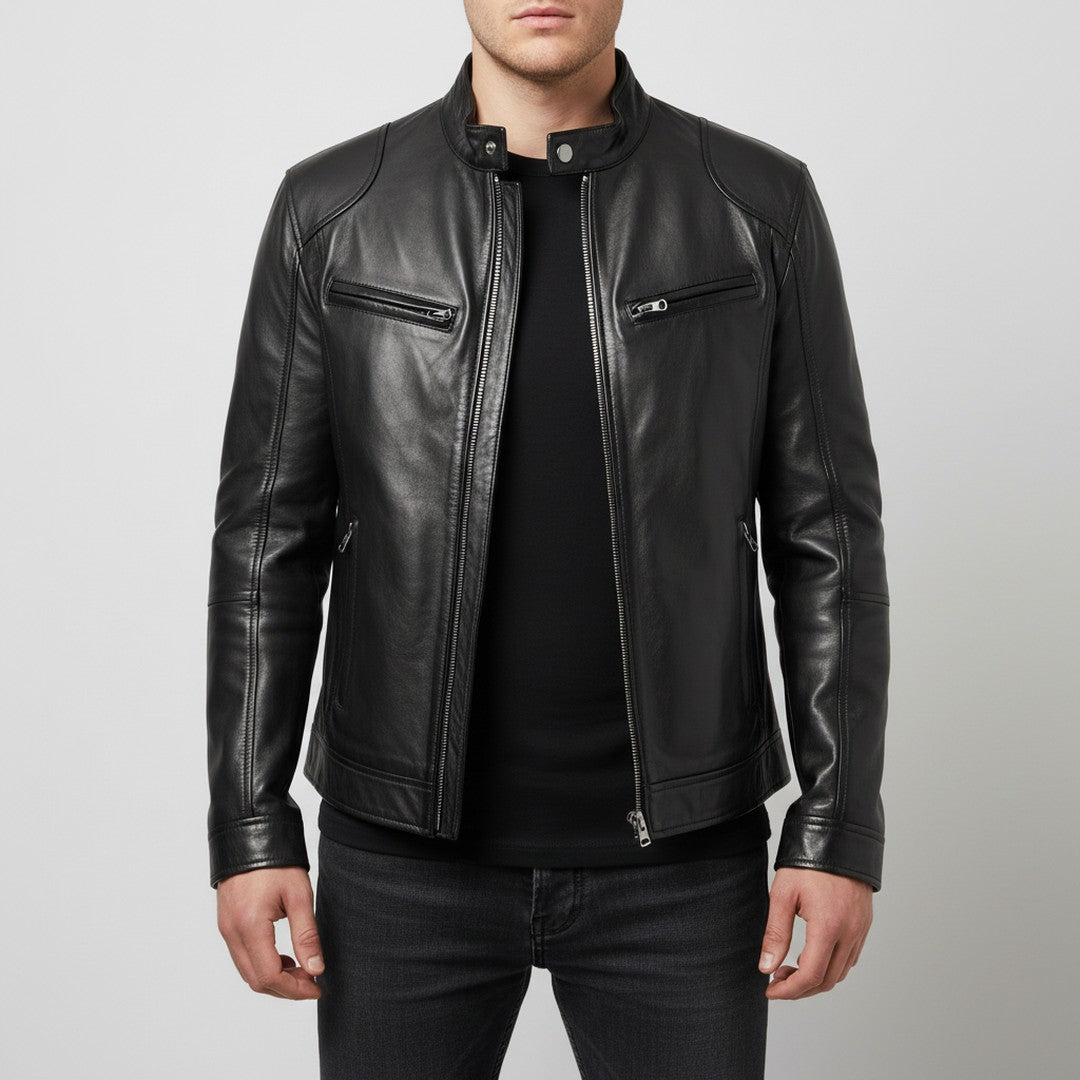 Slim fit leather-look jacket shown in black