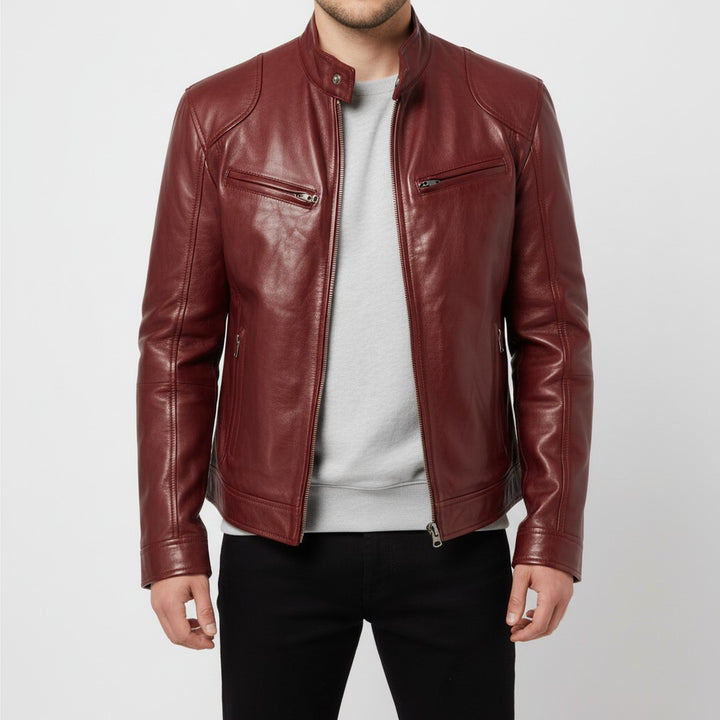 Slim fit leather-look jacket shown in red