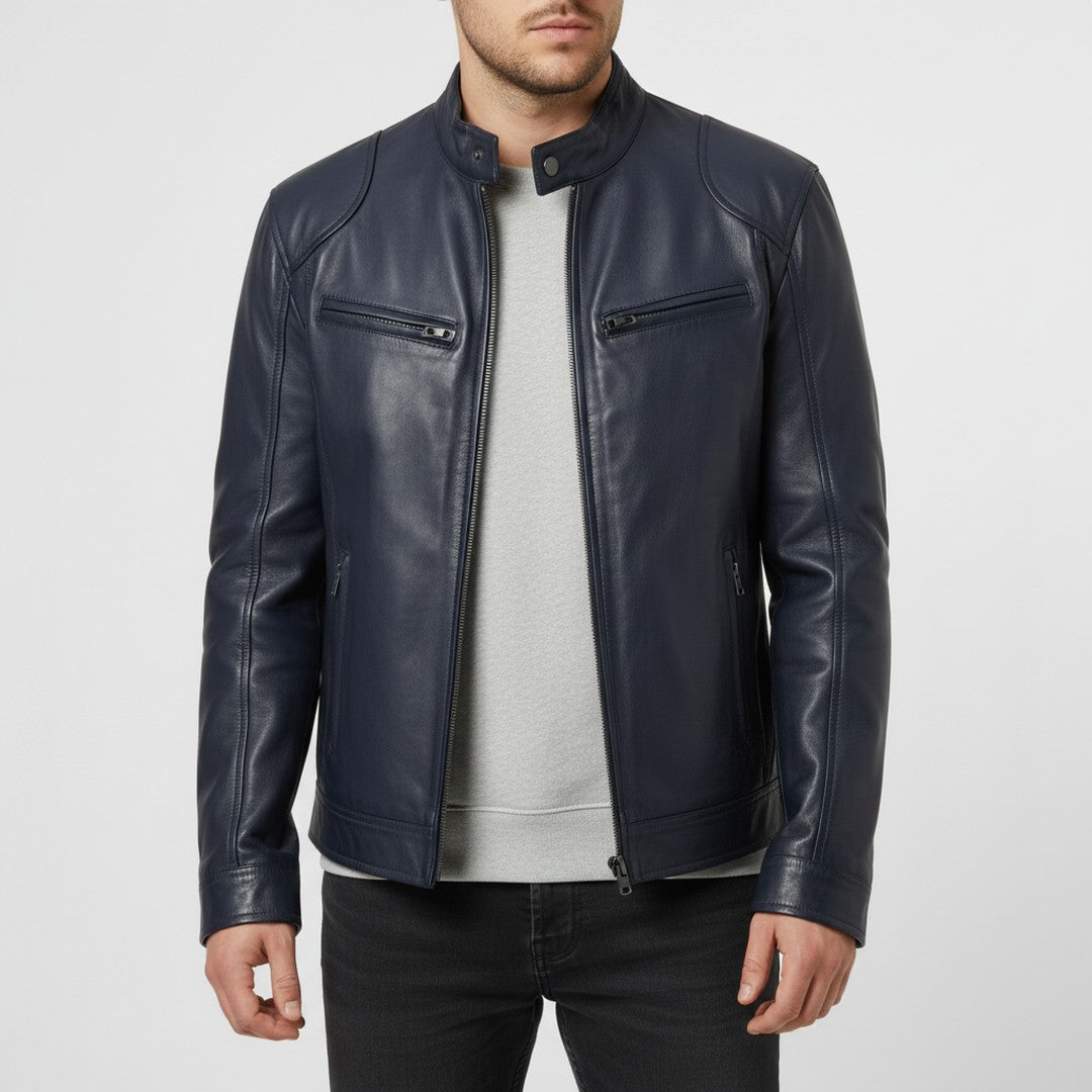 Slim fit leather-look jacket shown in dark blue