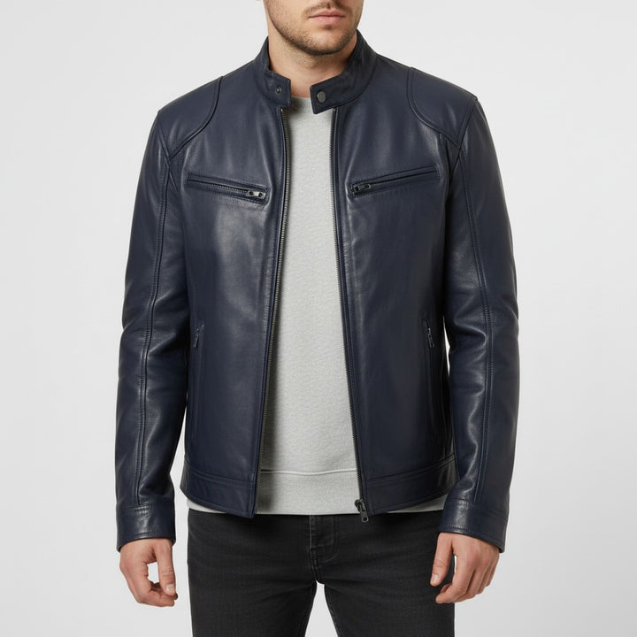 Slim fit leather-look jacket shown in dark blue