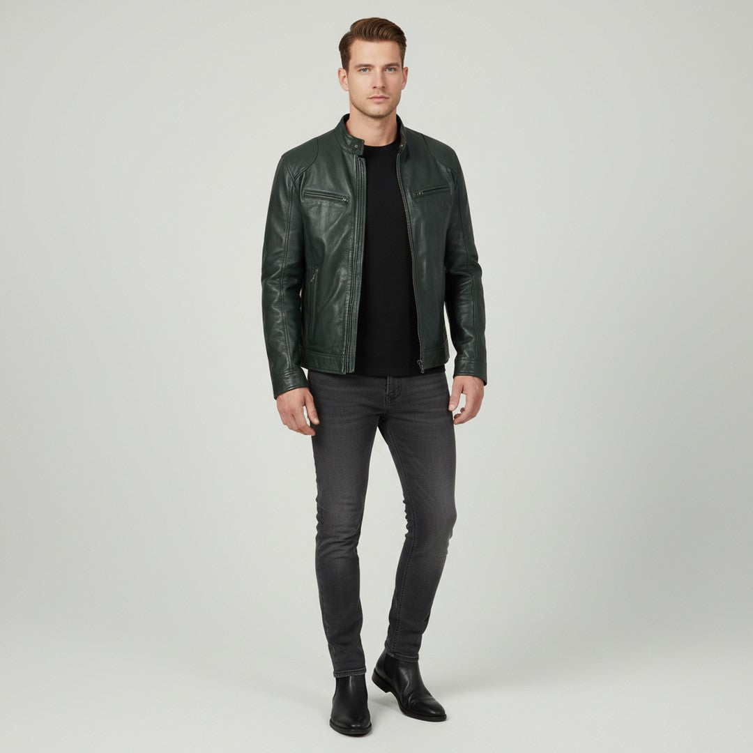 Slim fit leather-look jacket shown in green