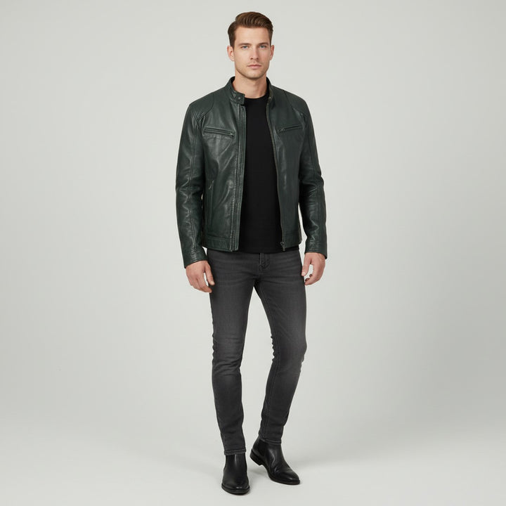 Slim fit leather-look jacket shown in green