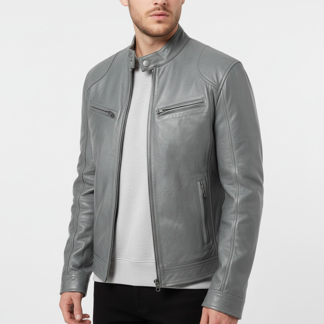 Slim fit leather-look jacket shown in grey