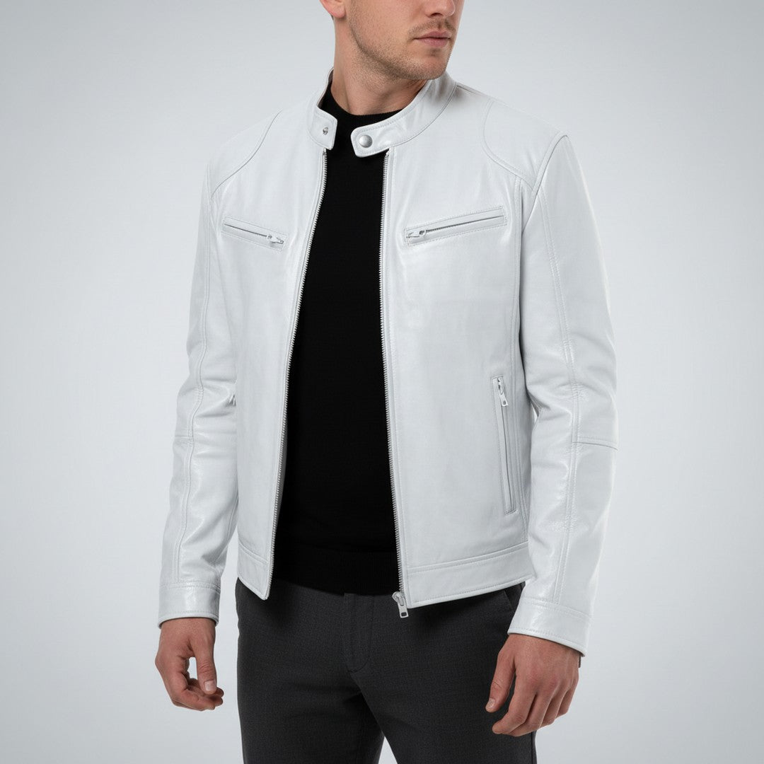 Slim fit leather-look jacket shown in white