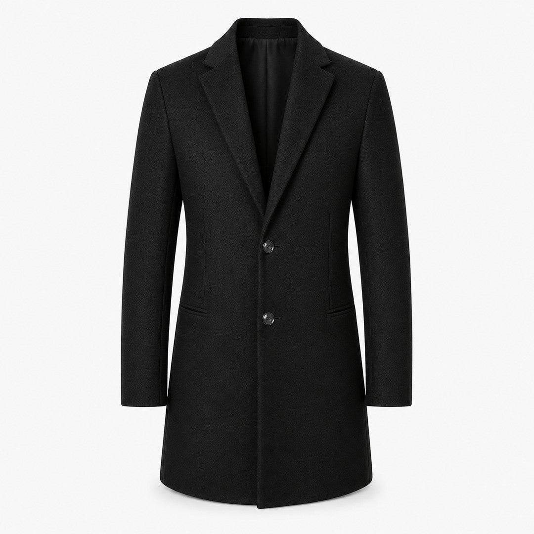 Thornecroft - Wool-Look Mid-Length Overcoat Notch Lapel Two-Button Quilted Lining