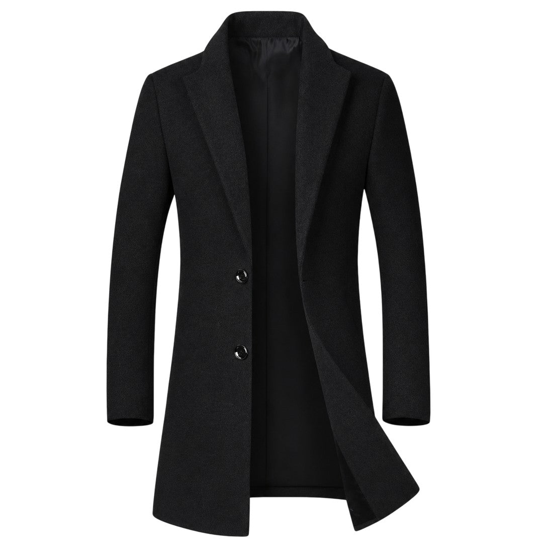 Thornecroft - Wool-Look Mid-Length Overcoat Notch Lapel Two-Button Quilted Lining