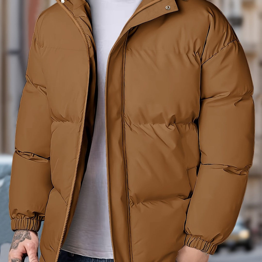 Torrenhall - Hooded Puffer Jacket Wide Quilted Panels Front Zip Elastic Cuffs