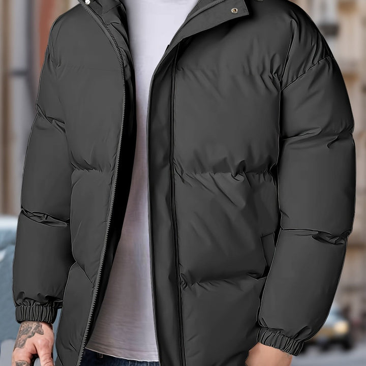 Torrenhall - Hooded Puffer Jacket Wide Quilted Panels Front Zip Elastic Cuffs