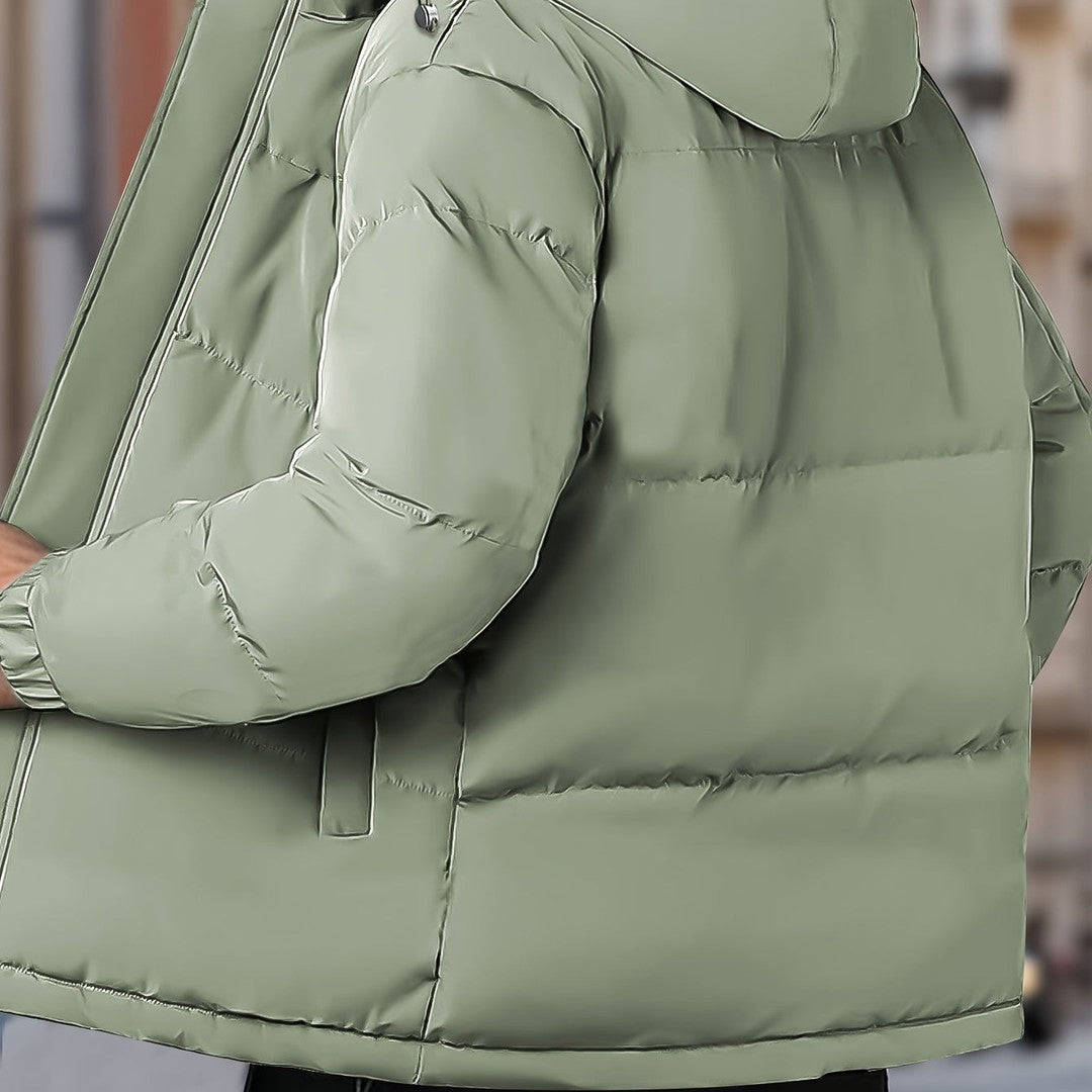 Torrenhall - Hooded Puffer Jacket Wide Quilted Panels Front Zip Elastic Cuffs