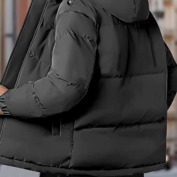 Torrenhall - Hooded Puffer Jacket Wide Quilted Panels Front Zip Elastic Cuffs