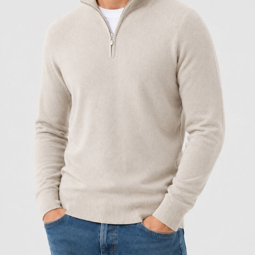 V-neck zip detail wool-look sweater shown in beige