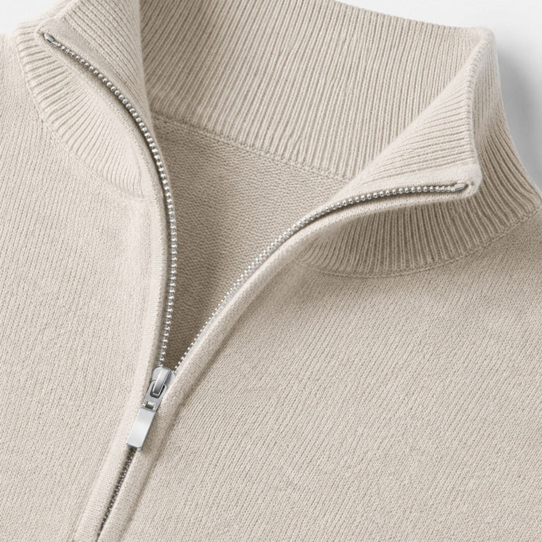 V-neck zip detail wool-look sweater, fabric texture detail