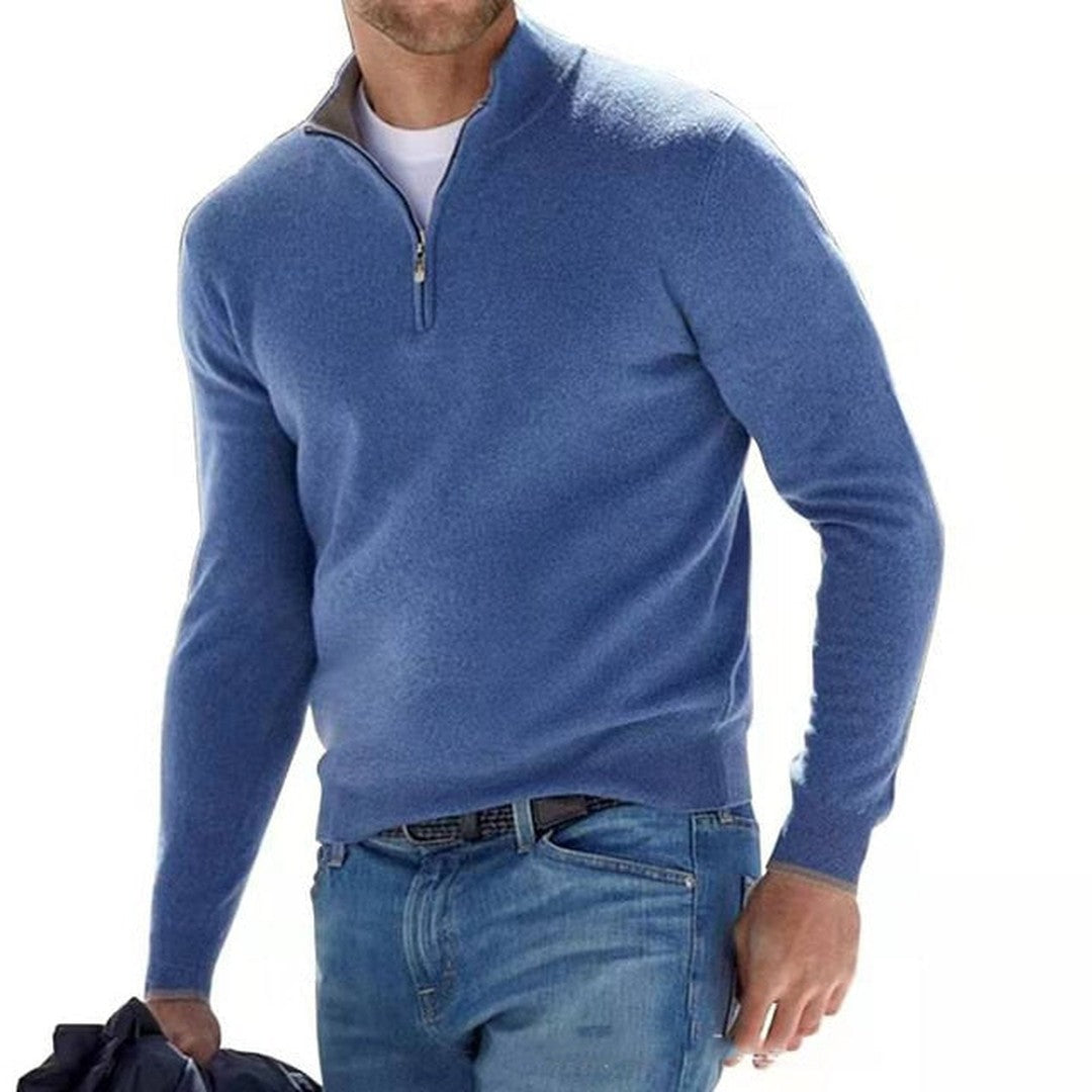 V-neck zip detail wool-look sweater shown in blue