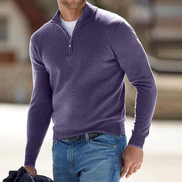 V-neck zip detail wool-look sweater shown in purple