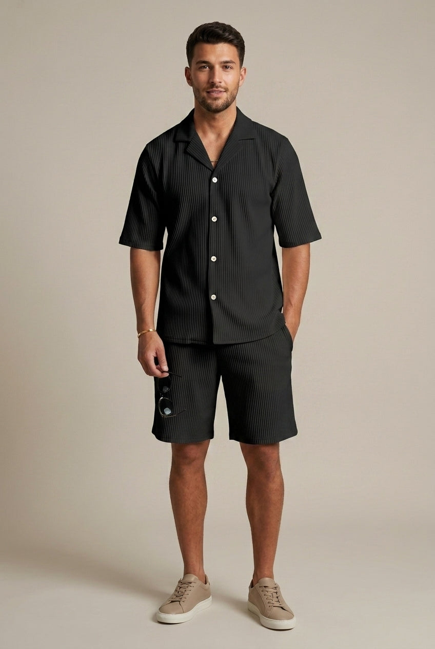 Ribbed Short Sleeve Shirt and Drawstring Trousers Set