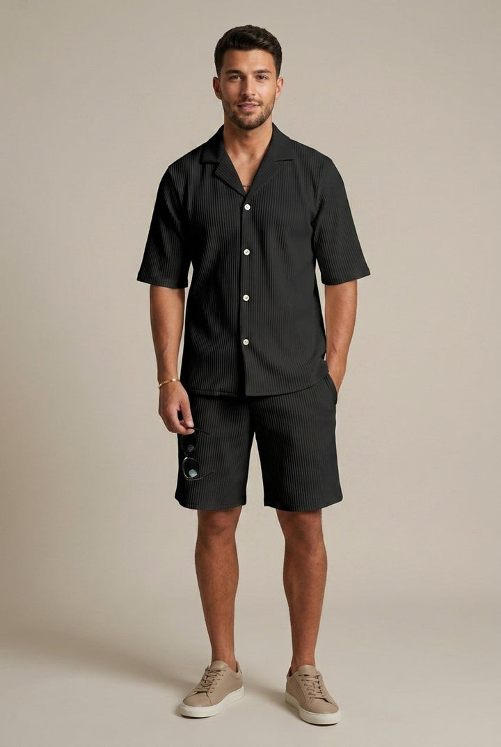 Ribbed Short Sleeve Shirt and Drawstring Trousers Set