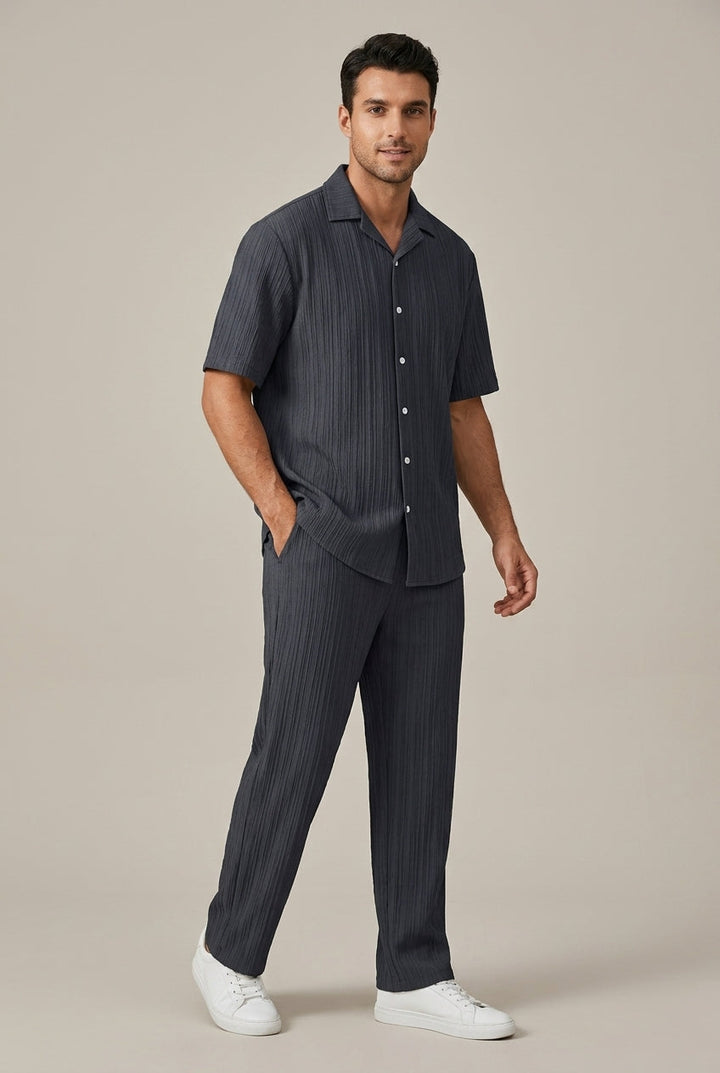 Textured Short Sleeve Shirt and Drawstring Trousers Set