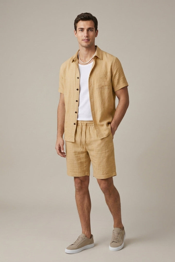 Short Sleeve Woven Shirt and Drawstring Shorts Set
