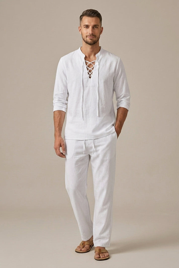 Lace-Up V-Neck Top and Wide Leg Trousers Set