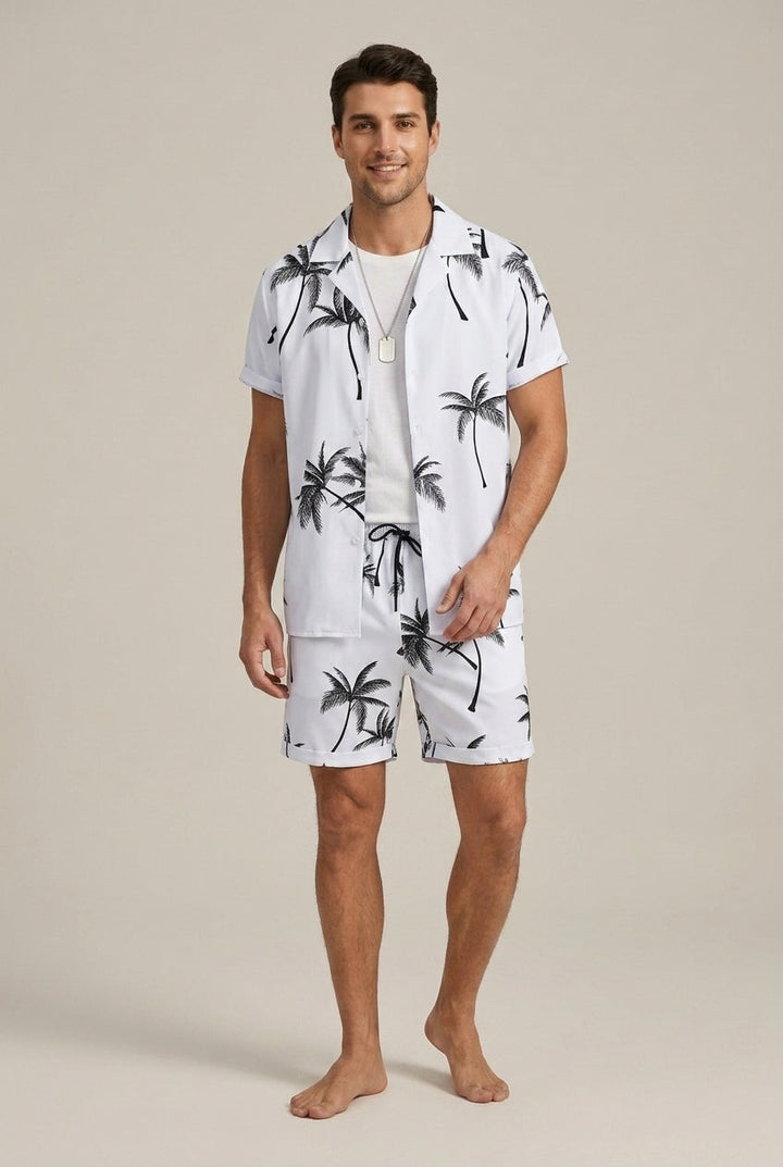 Palm Print Shirt and Drawstring Shorts Set