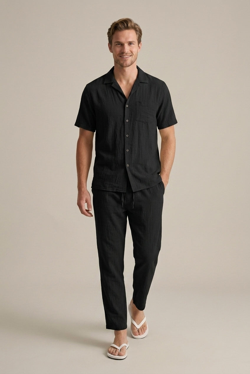 Linen-Look Short Sleeve Shirt and Trousers Set