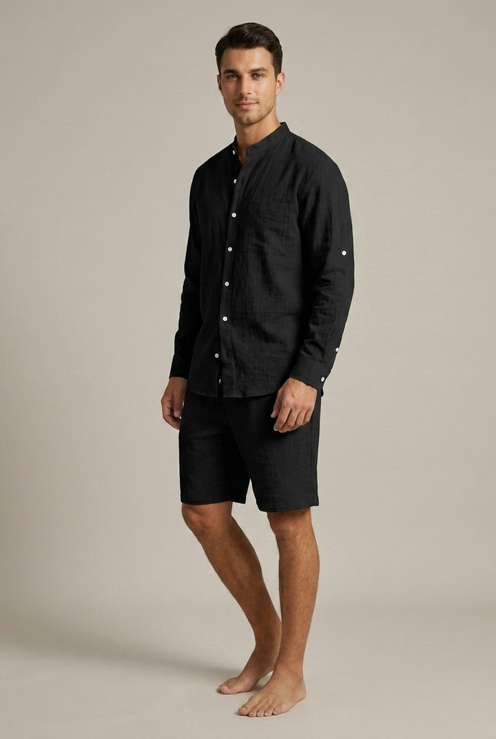 Band Collar Long Sleeve Shirt and Shorts Set