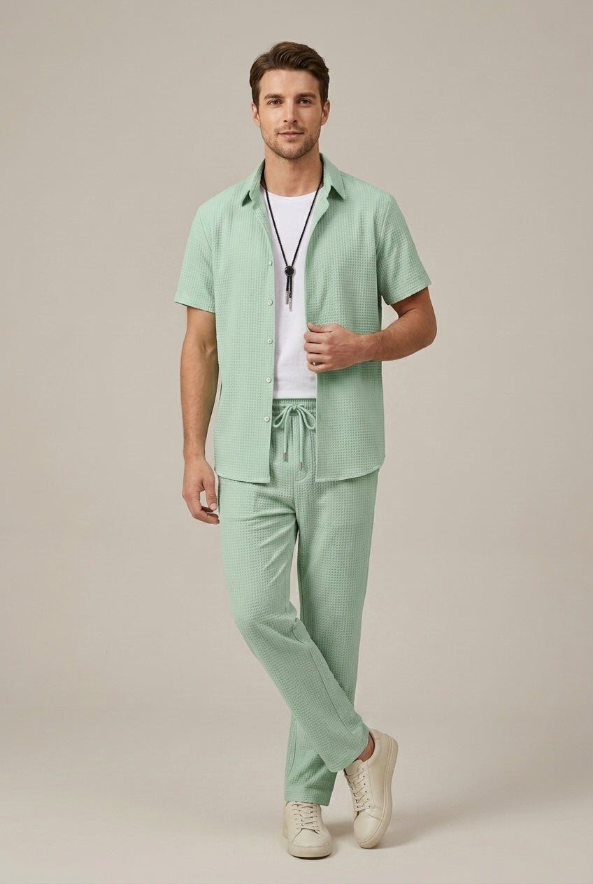 Waffle Texture Shirt and Straight Leg Trousers Set