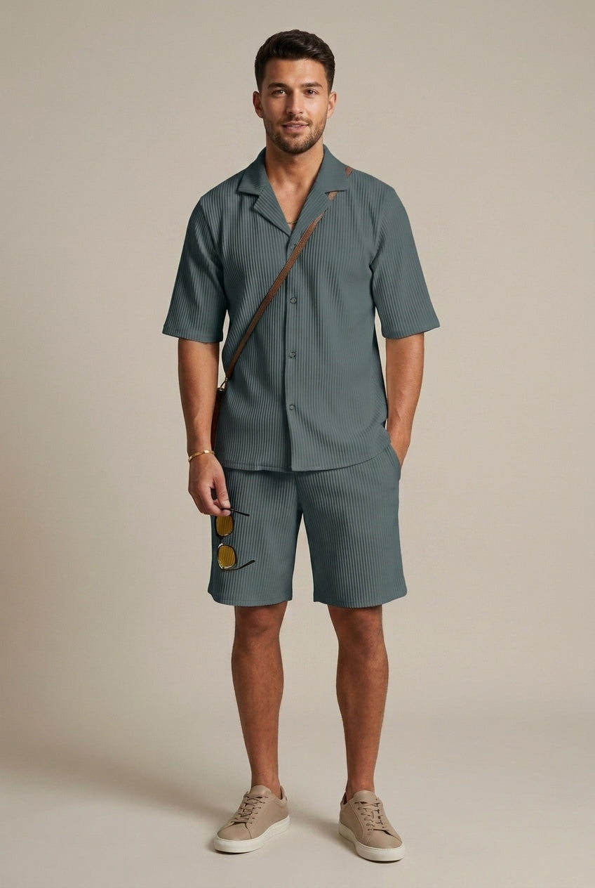 Ribbed Short Sleeve Shirt and Drawstring Trousers Set