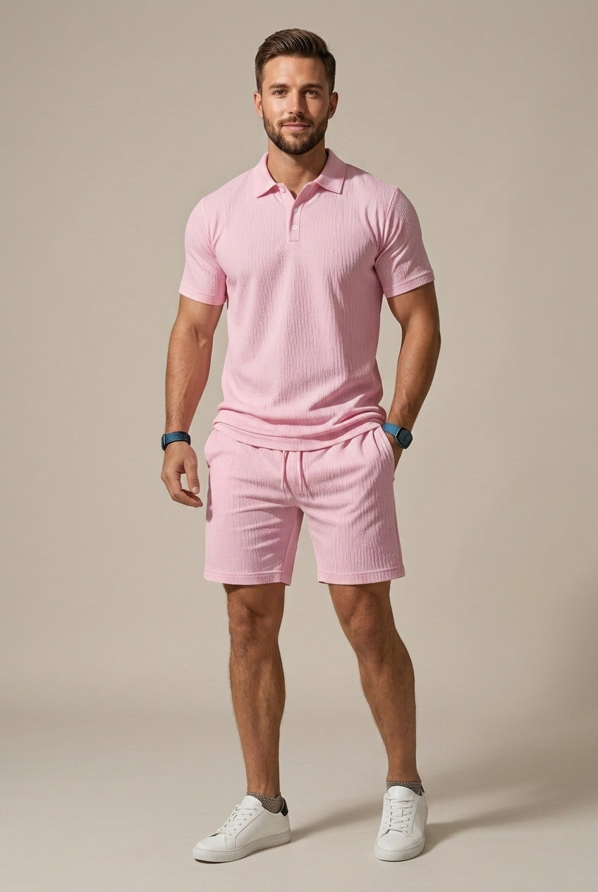 Textured Polo Shirt and Drawstring Shorts Set
