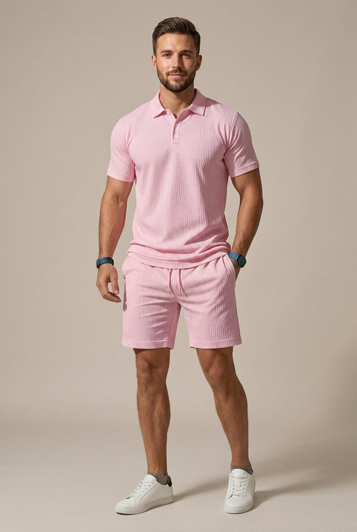 Textured Polo Shirt and Drawstring Shorts Set