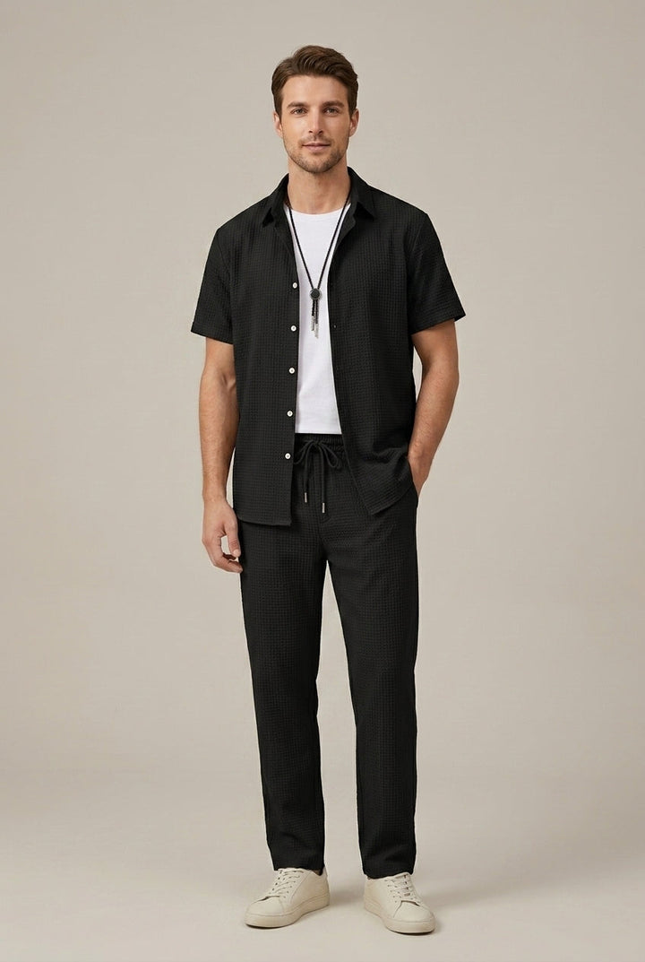 Waffle Texture Shirt and Straight Leg Trousers Set