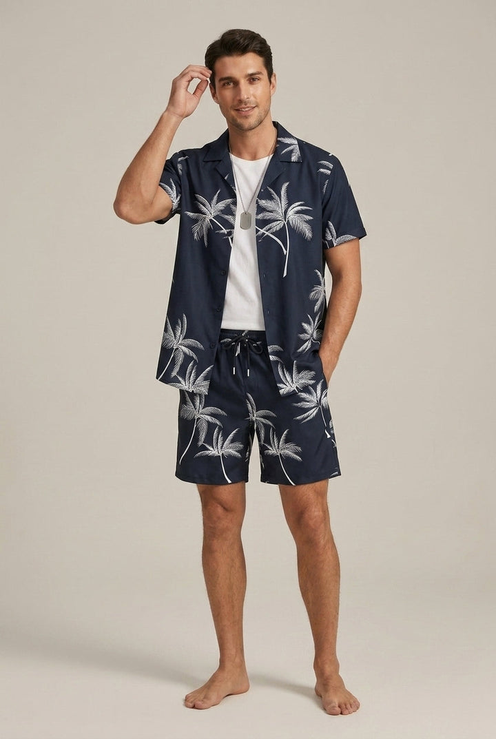 Palm Print Shirt and Drawstring Shorts Set
