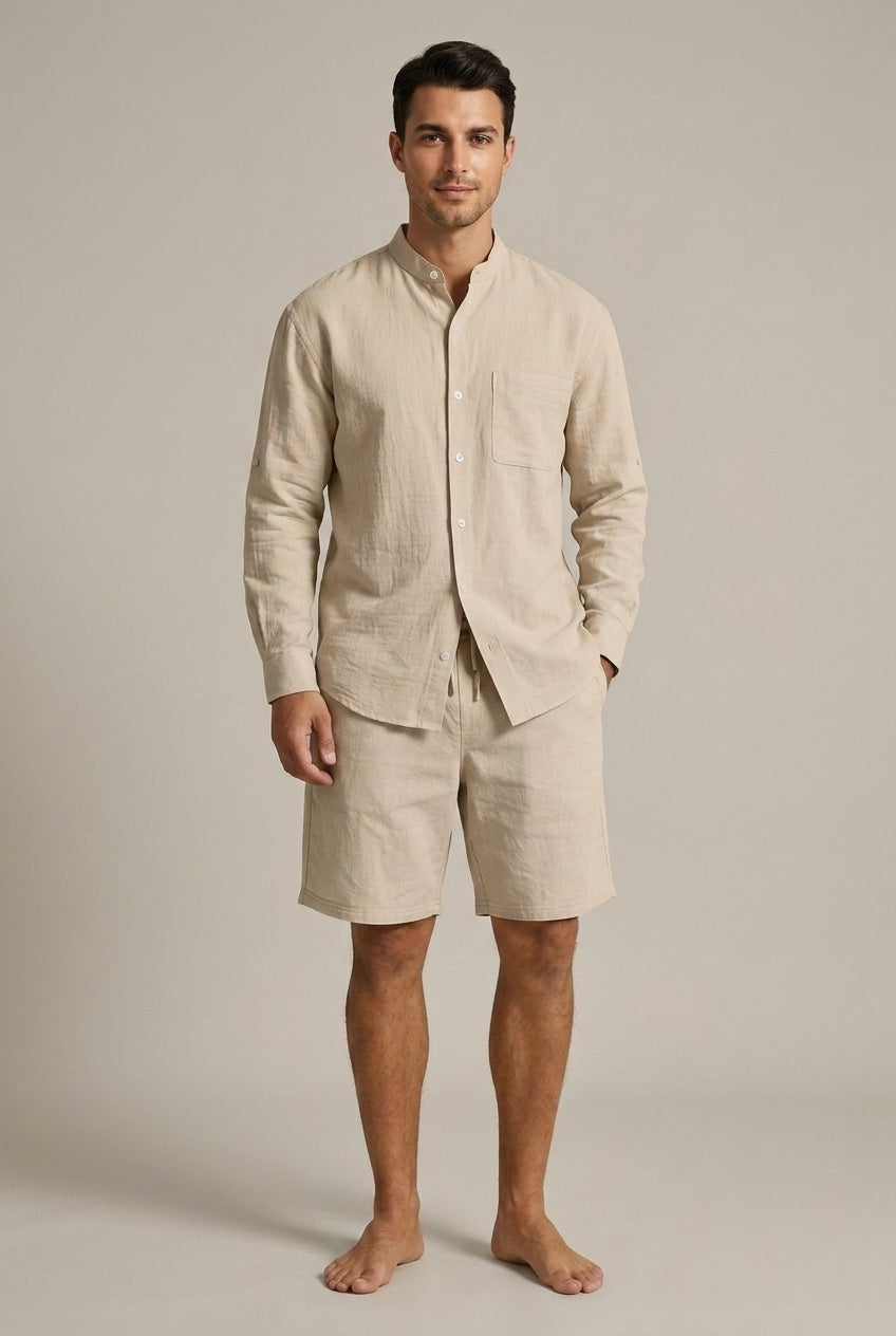 Band Collar Long Sleeve Shirt and Shorts Set