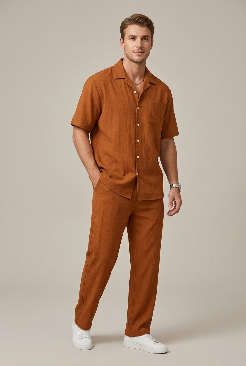 Textured Short Sleeve Shirt and Drawstring Trousers Set