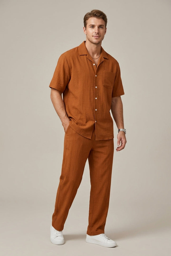 Textured Short Sleeve Shirt and Drawstring Trousers Set
