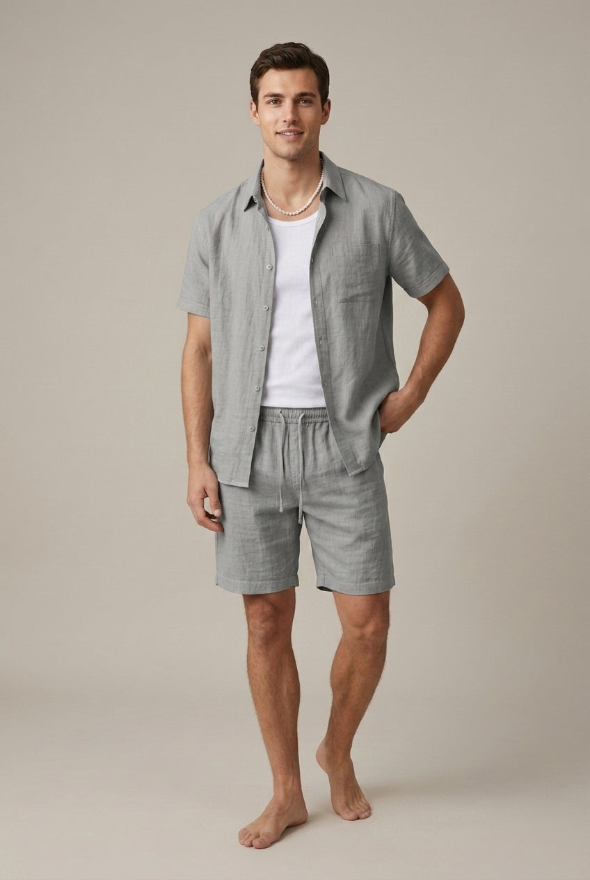 Short Sleeve Woven Shirt and Drawstring Shorts Set