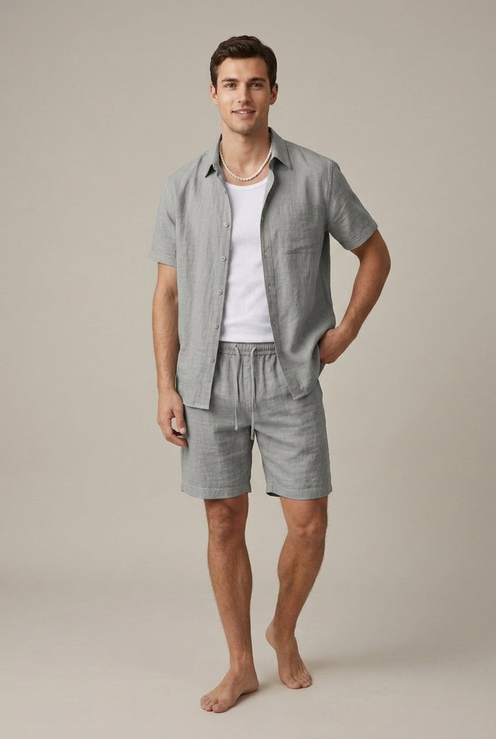 Short Sleeve Woven Shirt and Drawstring Shorts Set