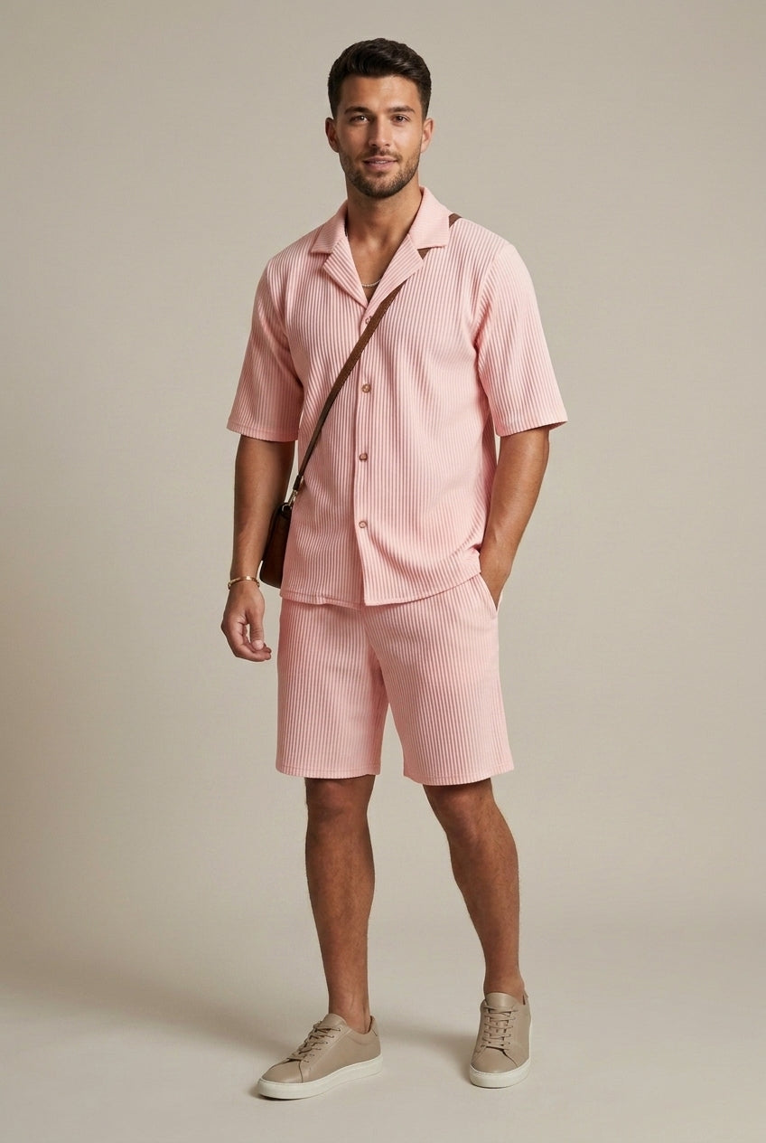 Ribbed Short Sleeve Shirt and Drawstring Trousers Set