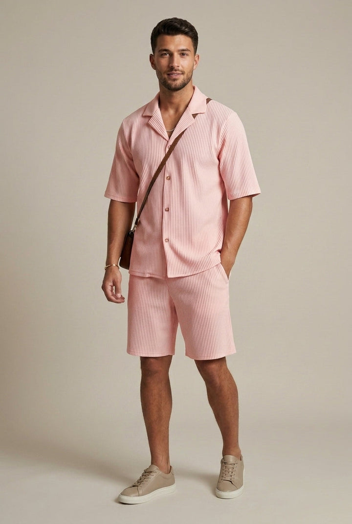 Ribbed Short Sleeve Shirt and Drawstring Trousers Set