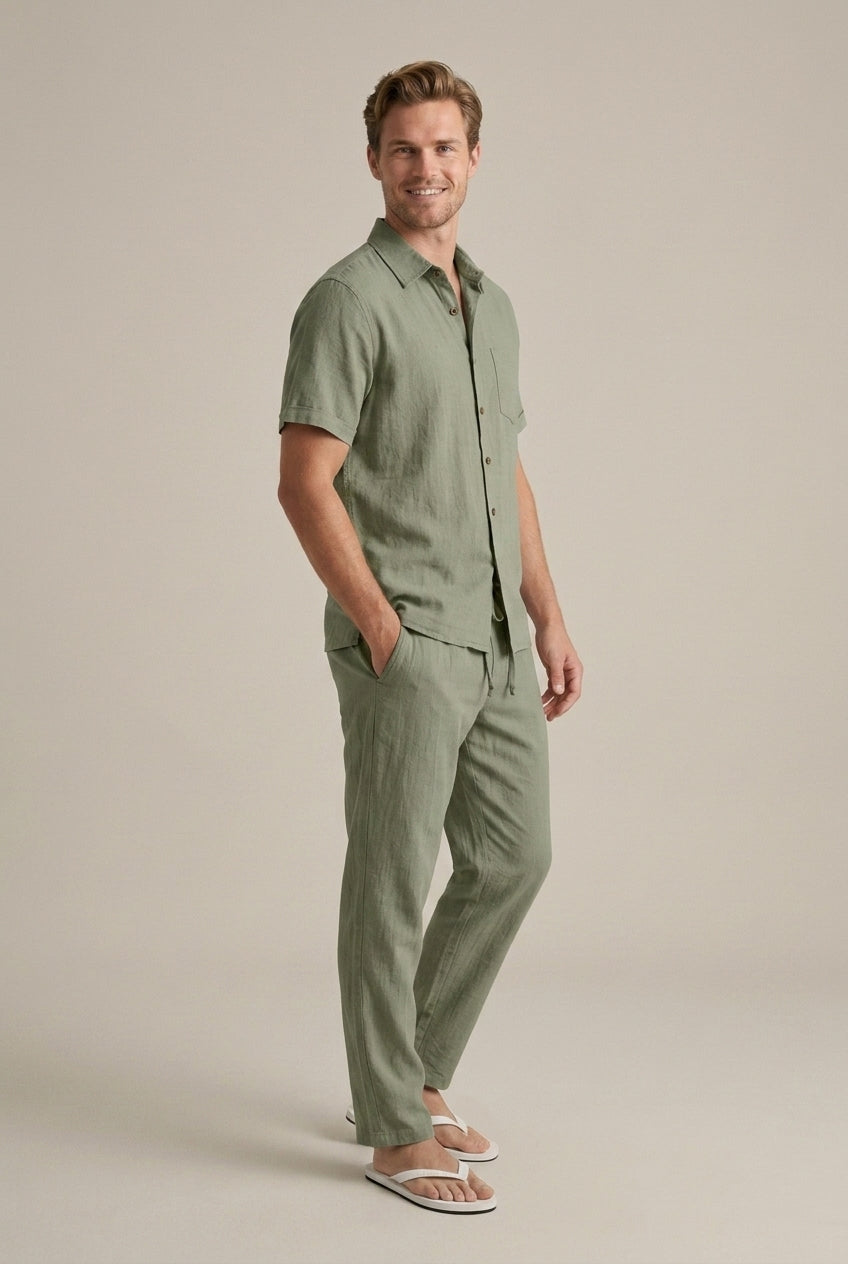 Linen-Look Short Sleeve Shirt and Trousers Set