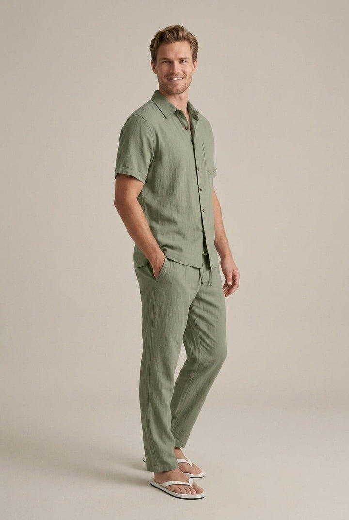 Linen-Look Short Sleeve Shirt and Trousers Set
