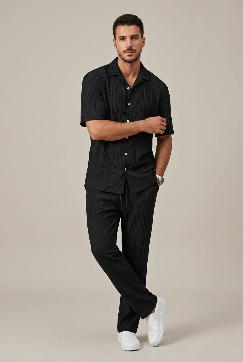 Textured Short Sleeve Shirt and Drawstring Trousers Set