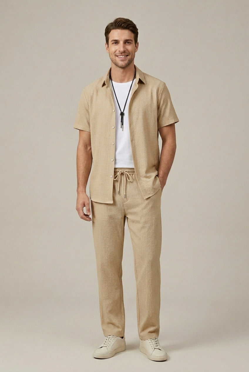 Waffle Texture Shirt and Straight Leg Trousers Set