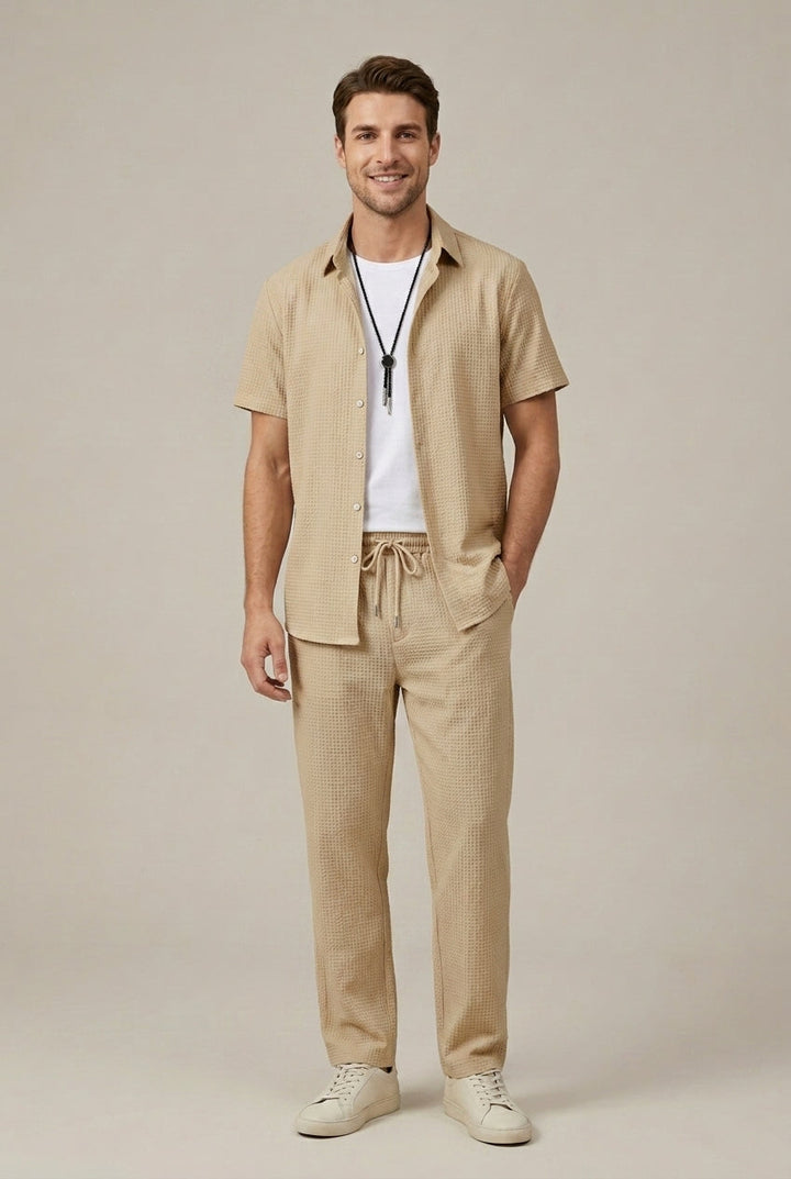 Waffle Texture Shirt and Straight Leg Trousers Set