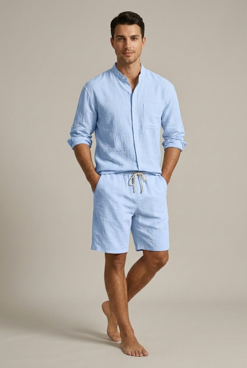 Band Collar Long Sleeve Shirt and Shorts Set