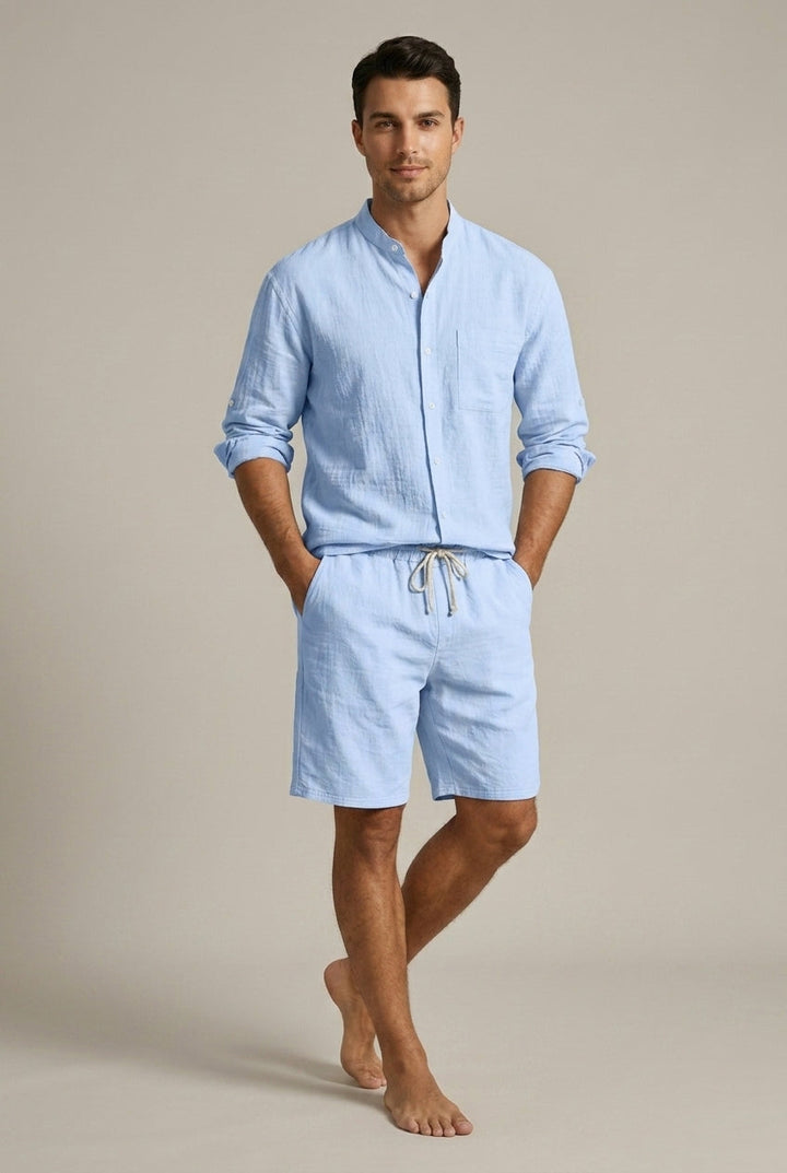 Band Collar Long Sleeve Shirt and Shorts Set