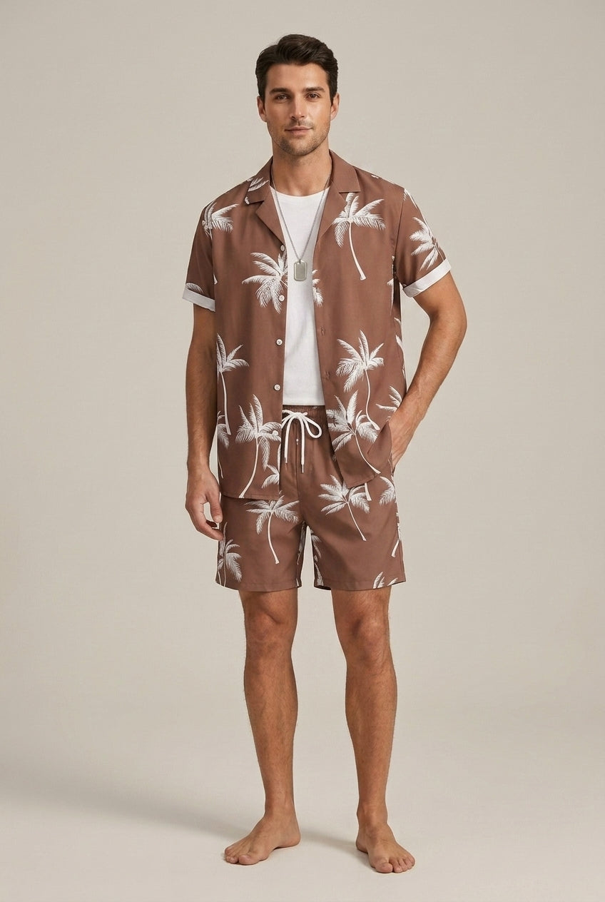 Palm Print Shirt and Drawstring Shorts Set